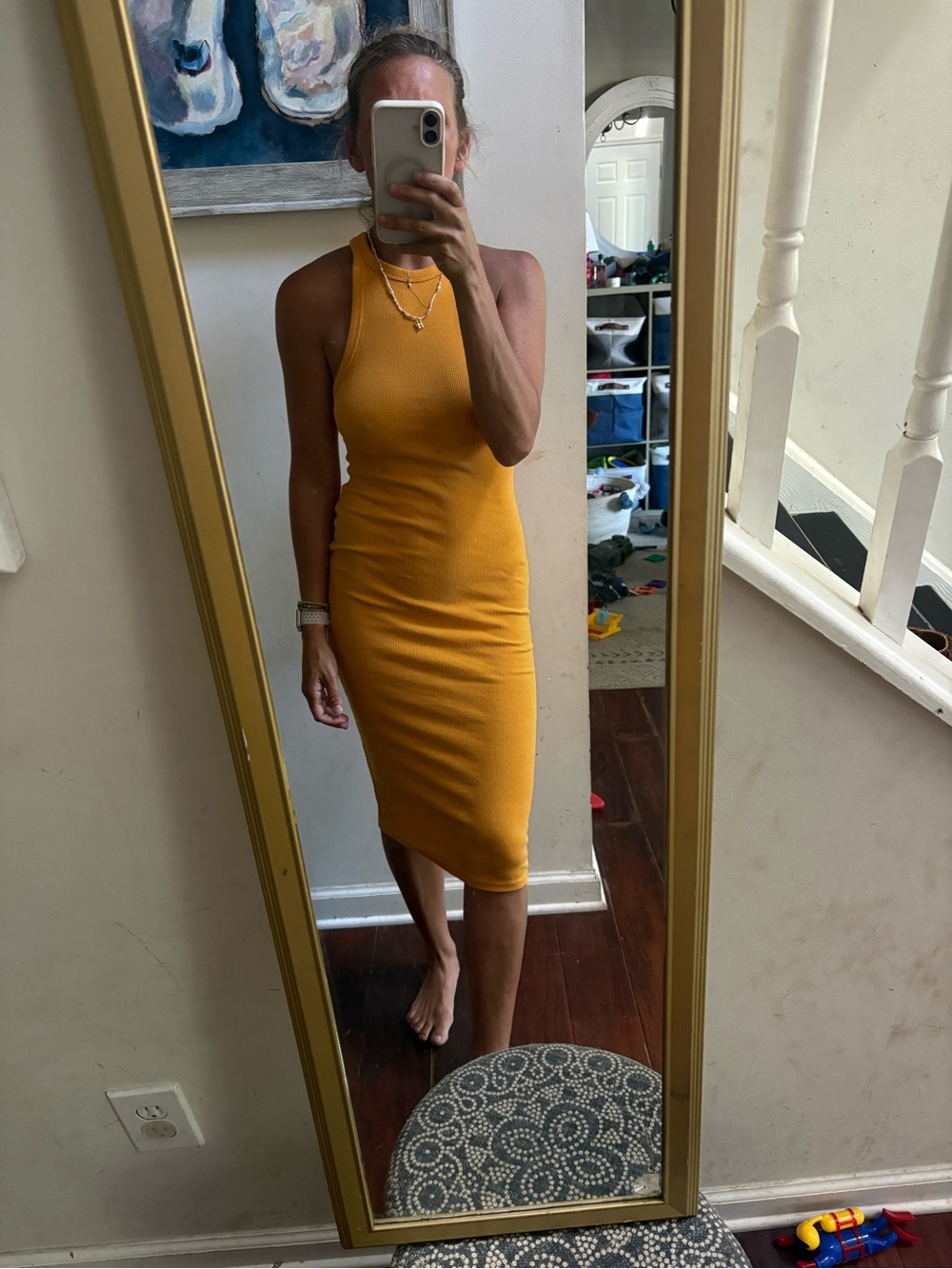Zara Ribbed Halter Bodycon Midi Dress in Mustard Yellow